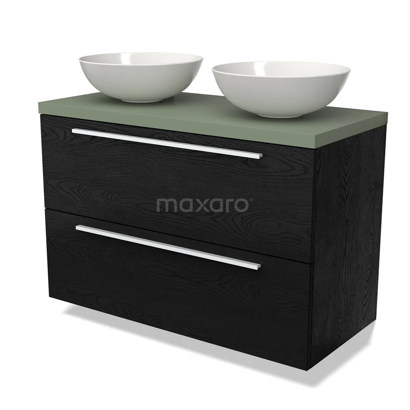 Waschtischunterschrank mit Konsole BMK17-02286 Schwarzer Badschrank mit grünem Platte und zwei weißen Aufsatzwaschbecken, modernes Design mit klaren Linien.