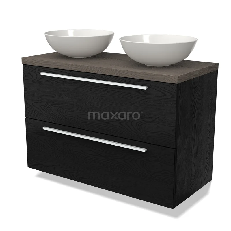 Waschtischunterschrank mit Konsole BMK17-02292 Schwarzes Holz Badezimmermöbel mit zwei weißen runden Waschbecken und einer dunkelbraunen Oberseite, elegantes Design.