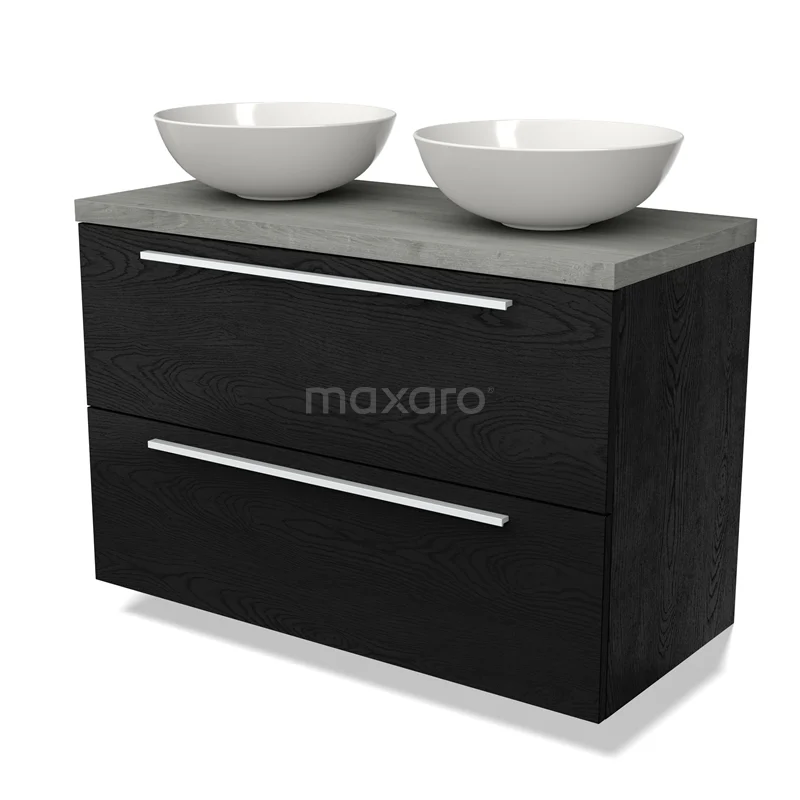 Waschtischunterschrank mit Konsole BMK17-02293 Schwarzes Badmöbel mit Betonlook Platte und doppelten weißen Aufsatzwaschbecken, moderner Stil, ideal für ein stilvolles Badezimmer.