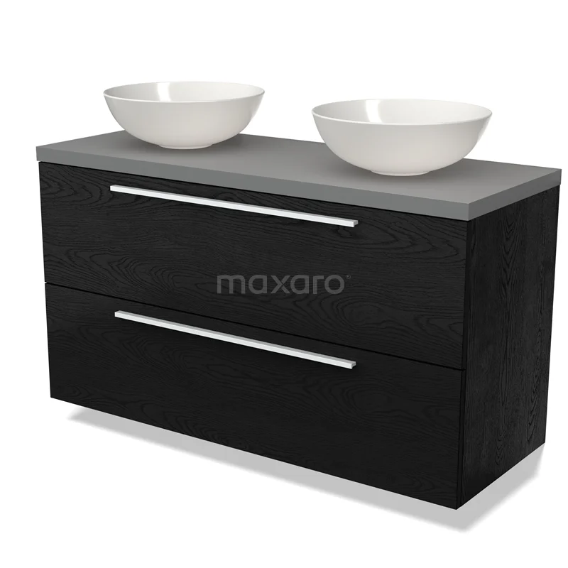 Zwarte houten badkamermeubel met dubbele witte waskommen en strak design, ideaal voor moderne badkamers.