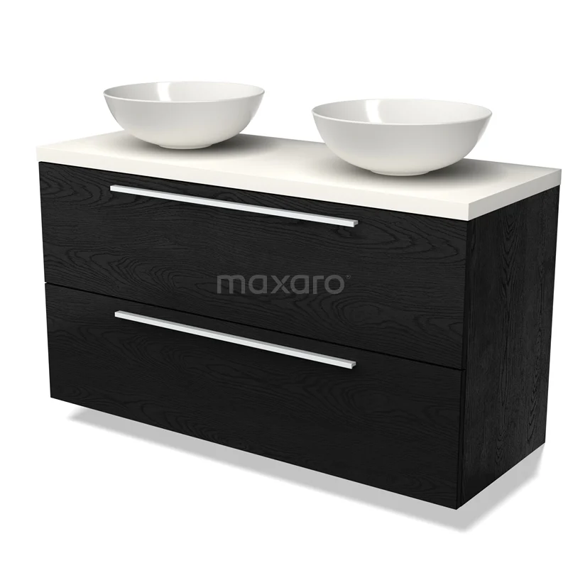 Zwarte dubbele wastafelmeubel met witte kommen, strak design, perfect voor moderne badkamers.