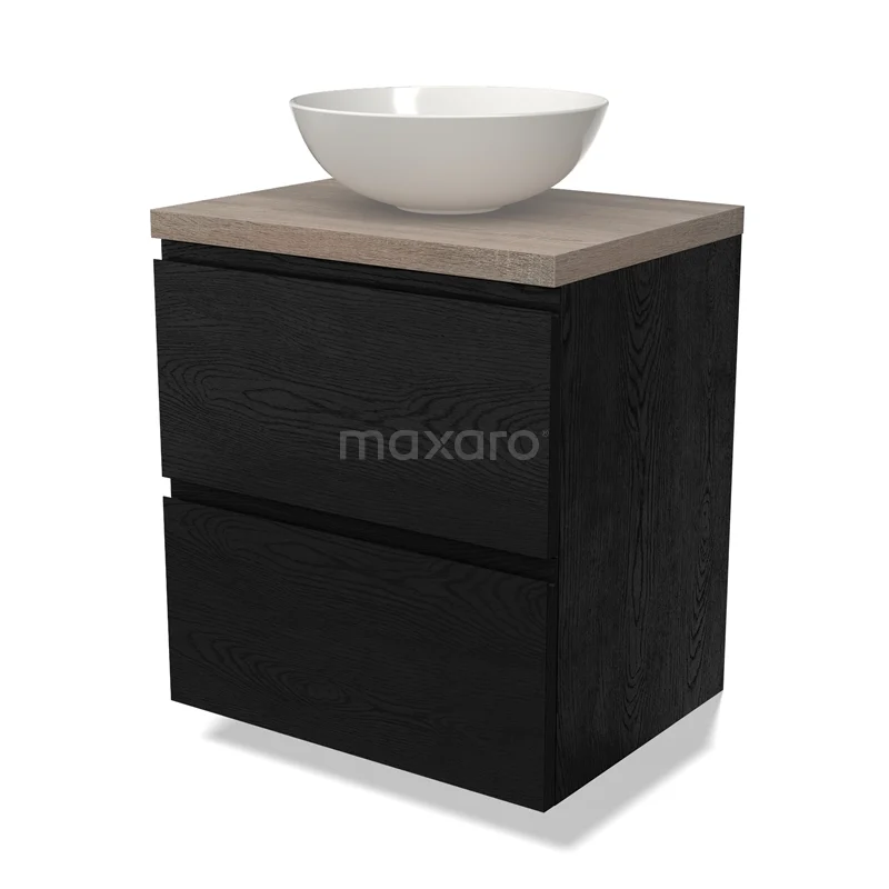 Zwarte badkamermeubelset met houtlook blad en witte waskom, modern design geschikt voor luxe badkamerinrichting.