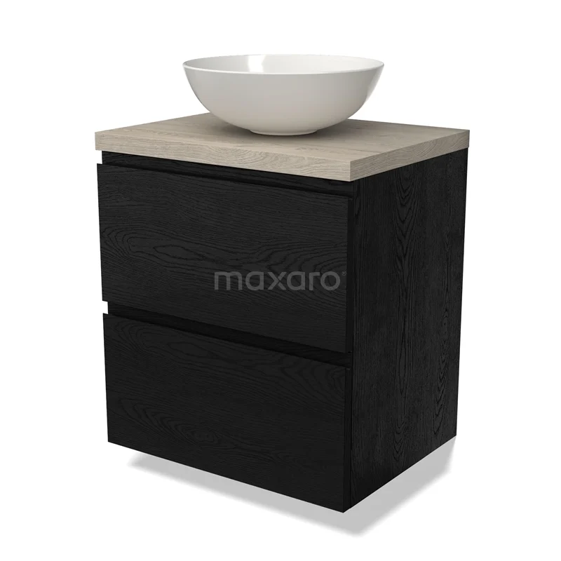 Zwart houten badkamermeubel met waskom, twee lades en een lichtbruine houten blad voor een stijlvolle, moderne badkamer.