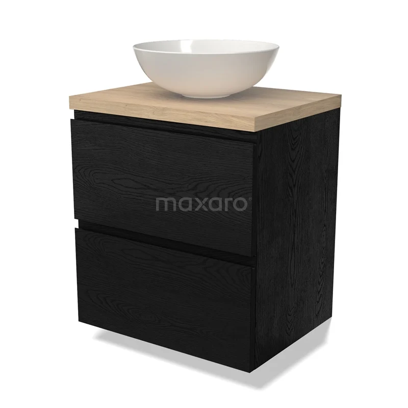 Zwart houten badkamermeubel met twee lades, lichte houtlook bovenblad en witte opzetwastafel voor een moderne badkamerstijl.