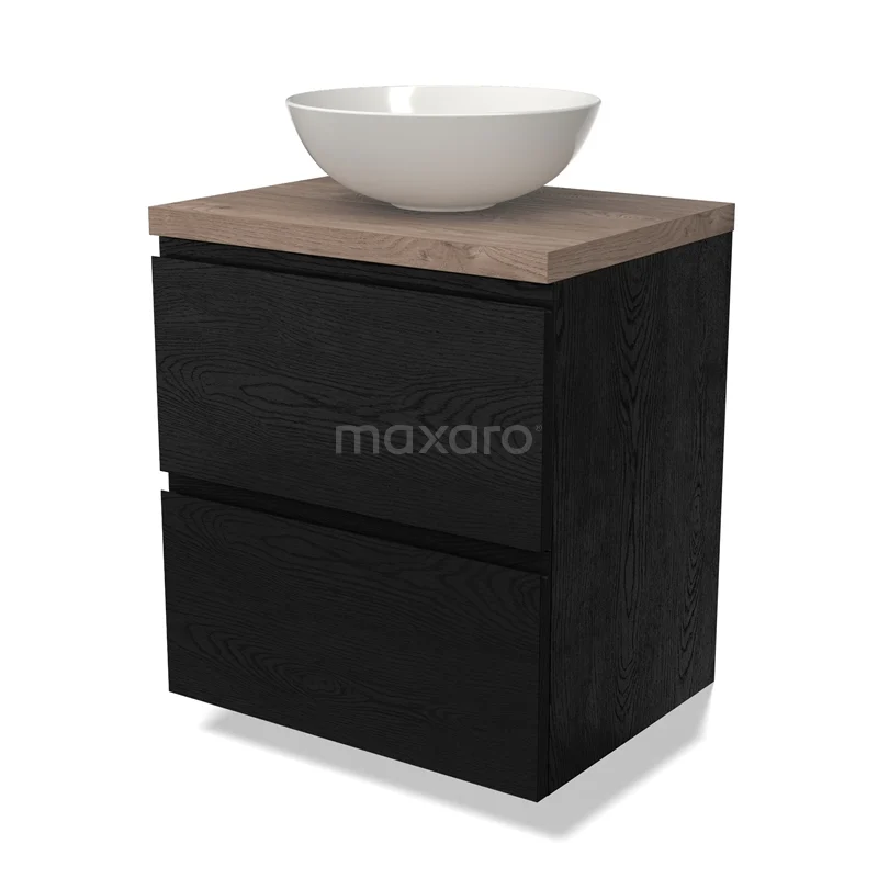 Waschtischunterschrank mit Konsole BMK17-02325 Schwarze Badmöbelset mit Holzlook Platte und weißem Aufsatzwaschbecken, modernes Design, ideal für stilvolle Badezimmergestaltung.