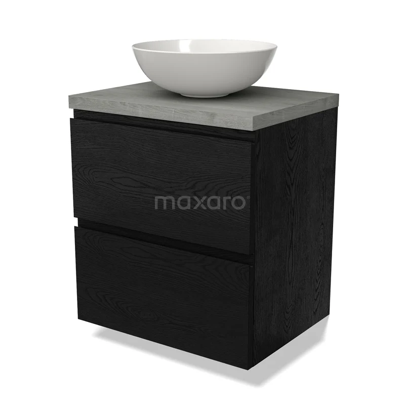 Waschtischunterschrank mit Konsole BMK17-02327 Schwarzes Holz-Badmöbel mit grauer Beton-Platte und weißem rundem Aufsatzwaschbecken, modernes Design für stilvolle Bäder.