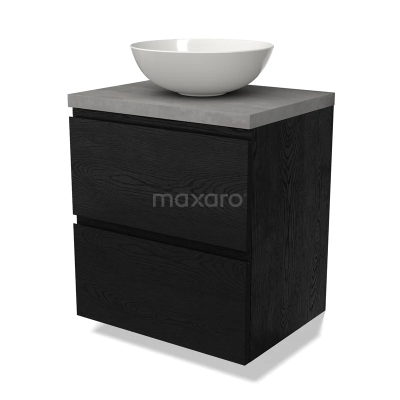 Waschtischunterschrank mit Konsole BMK17-02328 Schwarzes Badmöbel mit zwei Schubladen, graue Beton-Waschtischplatte und weißem runden Aufsatzwaschbecken, schlichtes und modernes Design.