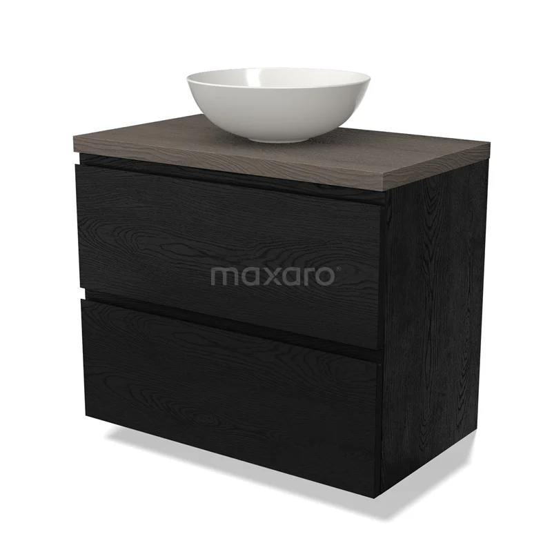 Black bathroom furniture set with wood-look worktop and round, white basin; modern and minimalist design.