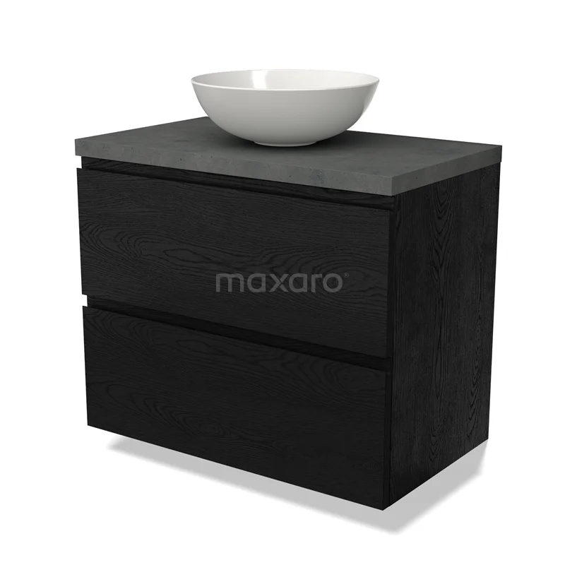 Zwarte houten badkamermeubel met twee lades en een ronde witte waskom erop, modern design voor stijlvolle badkamers.