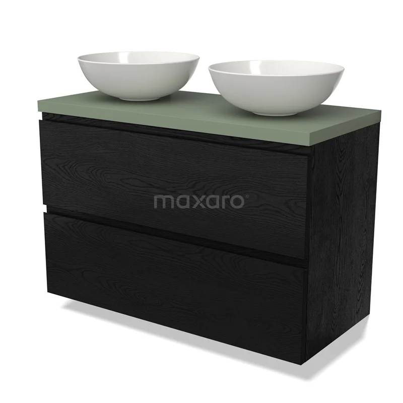 Waschtischunterschrank mit Konsole BMK17-02354 Schwarzes Badezimmermöbel mit grünem Platte und doppelten weißen Aufsatzwaschbecken, ideal für eine moderne Badezimmer Einrichtung.