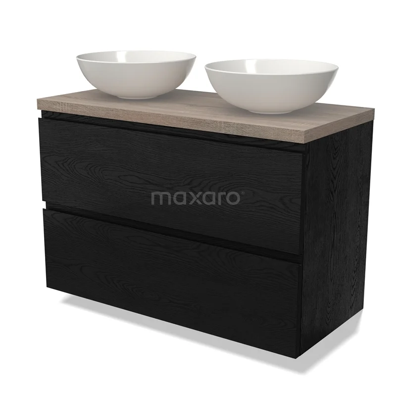 Zwart houten badkamermeubel met twee witte komvormige waskommen en een licht eiken blad, ideale keuze voor moderne badkamers.