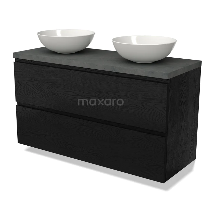 Waschtischunterschrank mit Konsole BMK17-02380 Schwarze Badmöbelset mit Holzmaserung, Doppelwaschbecken und minimalistischem Design für moderne Bäder.