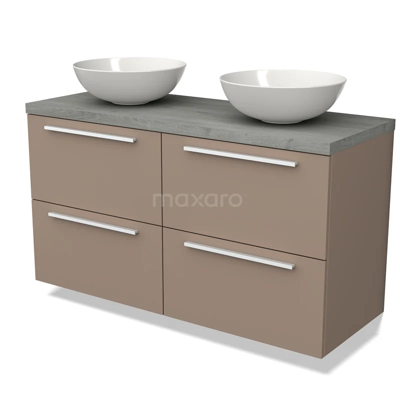 Waschtischunterschrank mit Konsole BMK18-01436 Modernes Badmöbel Taupe mit Betonplatte, doppelten weißen Aufsatzwaschbecken, vier Schubladen und klarem Design für stilvolle Badezimmergestaltung.