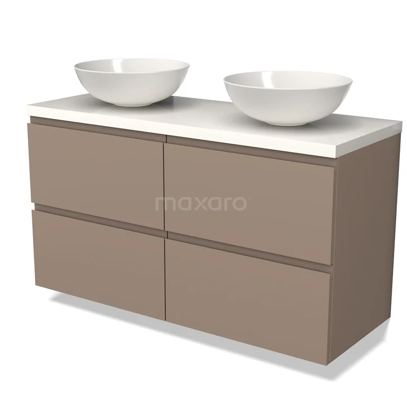 Beige badmeubel met dubbele witte waskommen, strak design, vier lades en geschikt voor moderne badkamers.