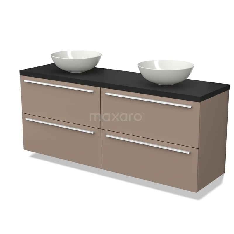 Waschtischunterschrank mit Konsole BMK18-01456 Beige Badmöbel mit schwarzer Platte, doppelten Aufsatzwaschbecken und vier Schubladen; modernes Design, ideal für Badezimmerlagerung.