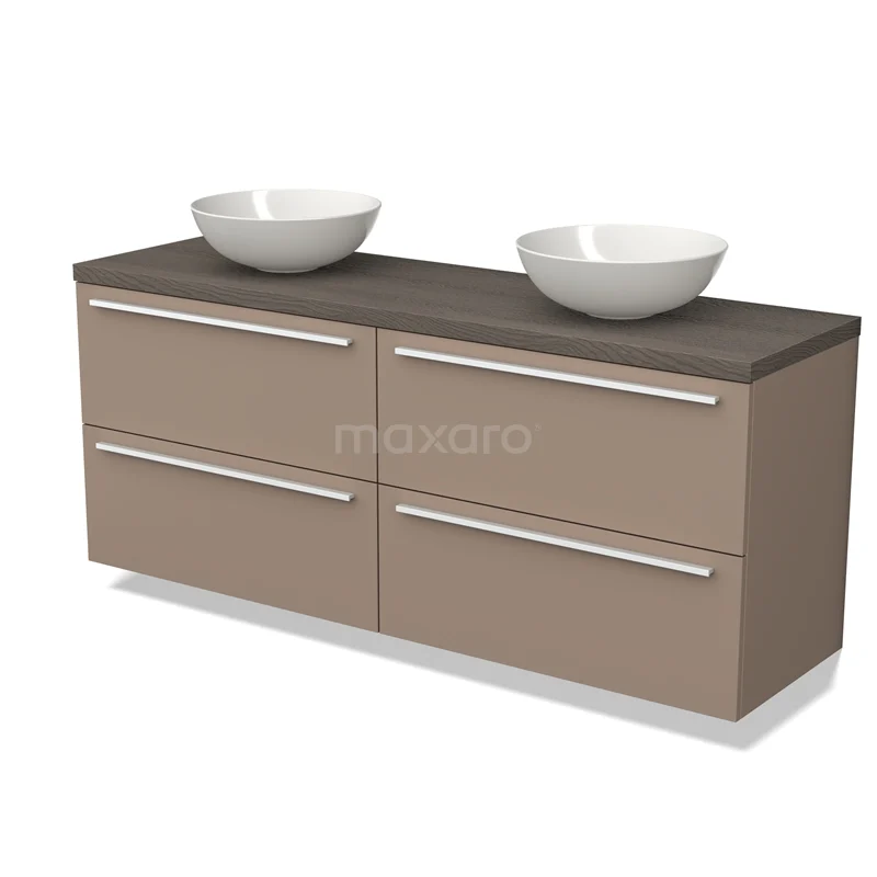 Bruin badkamermeubel met houtlook, vier lades en dubbele witte waskommen, modern ontwerp voor stijlvolle badkamers.