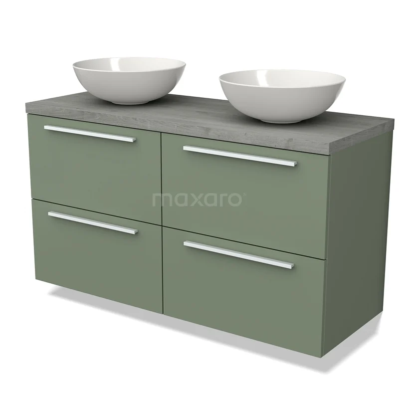 Modulo Plato Vanity units for countertop basin | 120 cm Sage green Flat front Grey oak worktop 4 drawers BMK18-01498