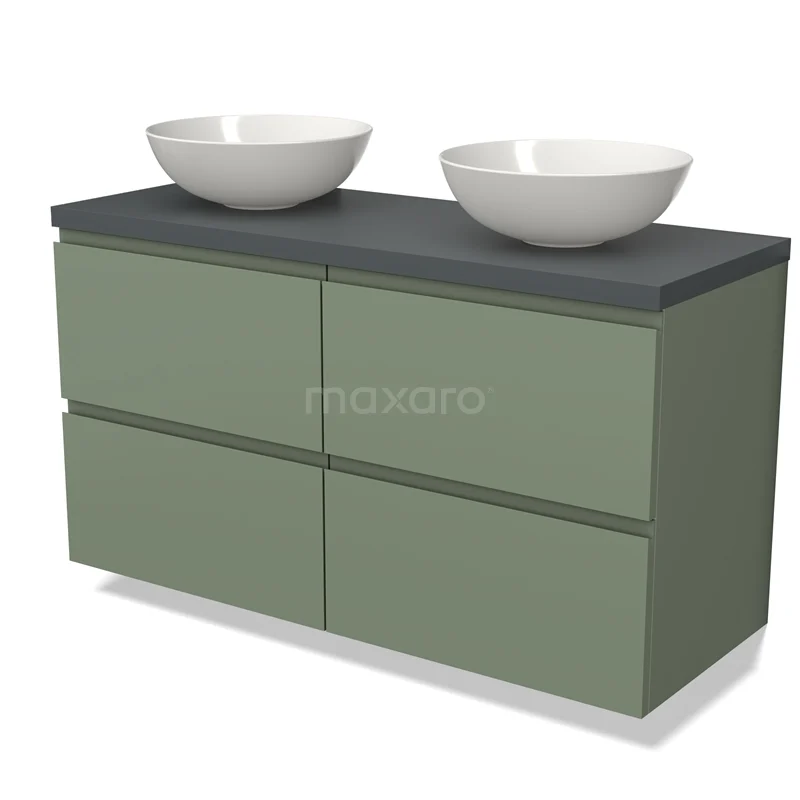 Groen badkamermeubel met vier lades, donker blad en twee witte waskommen, ideaal voor een moderne badkamerinrichting.