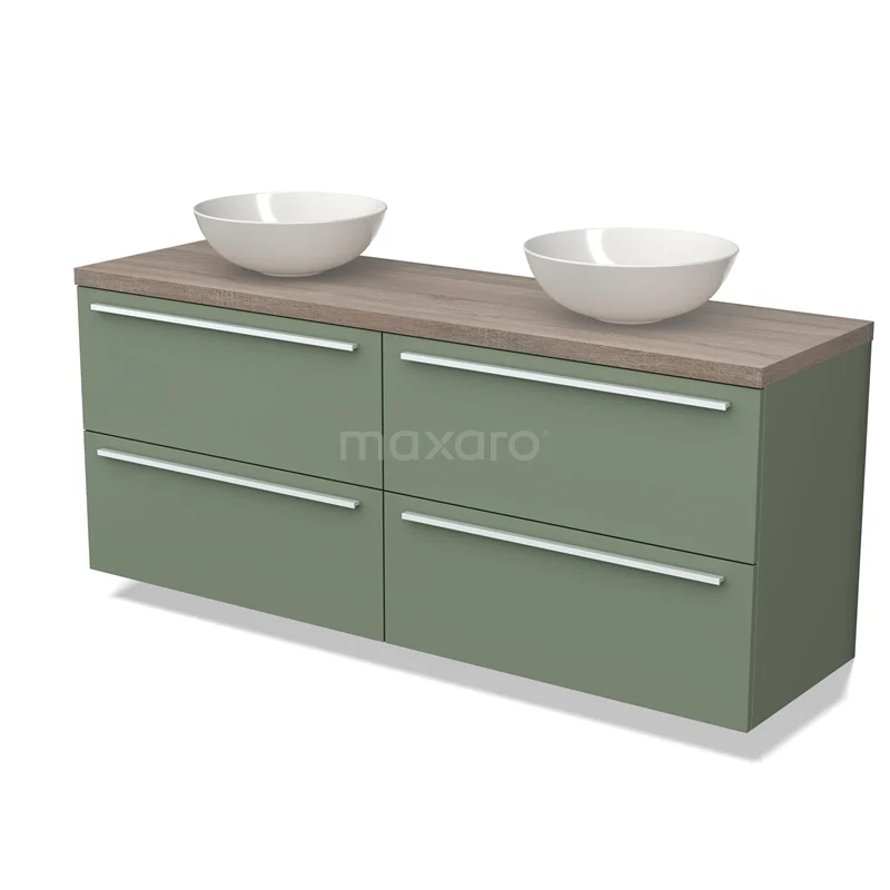 Waschtischunterschrank mit Konsole BMK18-01525 Grüne Badmöbelset mit Holzlook Platte, doppelten Aufsatzwaschbecken und vier Schubladen, modernes Design für stilvolle Bäder.