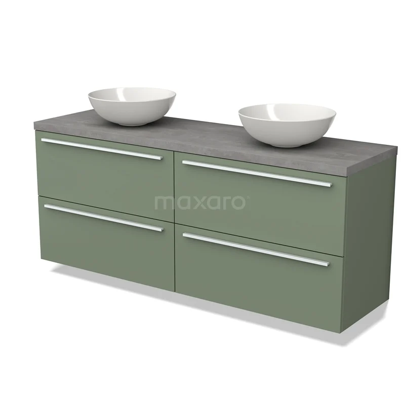 Olijfgroene, dubbele badkamermeubel met betonnen blad en twee witte waskommen, modern design uit premium serie.