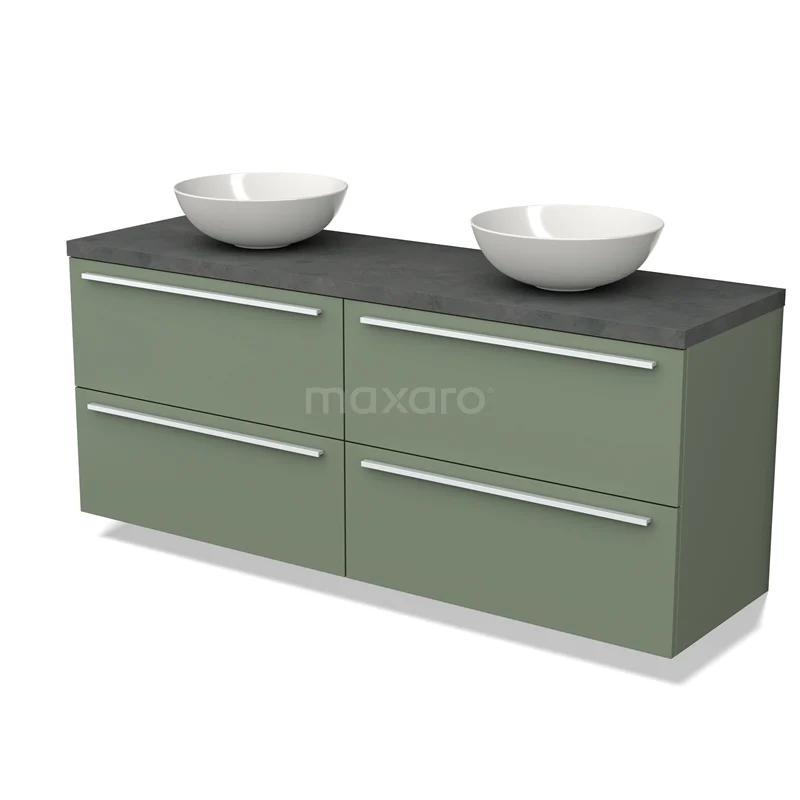 Oliviergroene badkamermeubel met dubbele wastafel, mat grijs blad en strakke metalen grepen, ideaal voor moderne badkamers.