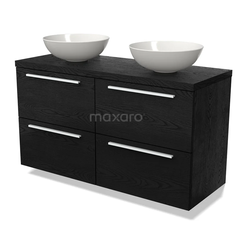 Zwarte badkamermeubelset met dubbele wastafels, strak design, vier lades en moderne metalen handgrepen.