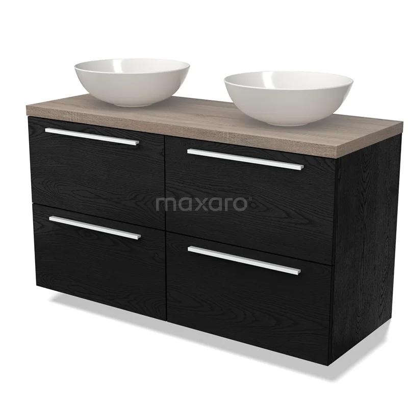 Zwart houten badkamermeubel met lichtbruin blad, strak design, 4 lades en 2 witte waskommen. Perfect voor moderne badkamers.