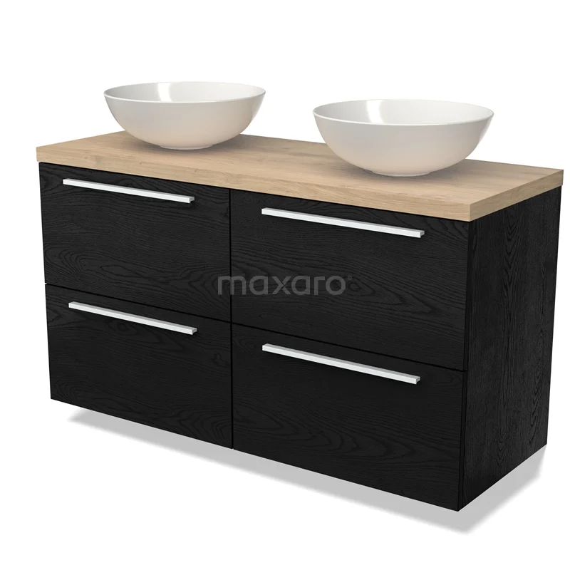 Waschtischunterschrank mit Konsole BMK18-01557 Schwarze Badmöbelset mit Holzplatte und doppelten weißen Aufsatzwaschbecken, modernes Design für stilvolle Badezimmer Einrichtung.
