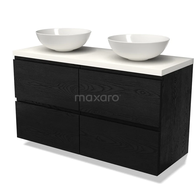 Black wooden Bathroom unit with double white basin bowls, sleek modern look, ideal for stylish bathrooms.