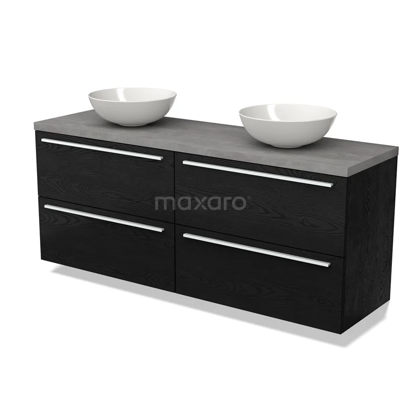 Zwarte badkamermeubelset met dubbele waskommen, strak design en vier brede lades, ideaal voor moderne badkamers.