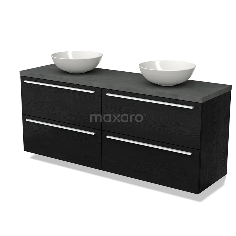 Zwarte badkamermeubelset met wastafelbladen van mat zwart hout en twee witte keramische waskommen, modern design.