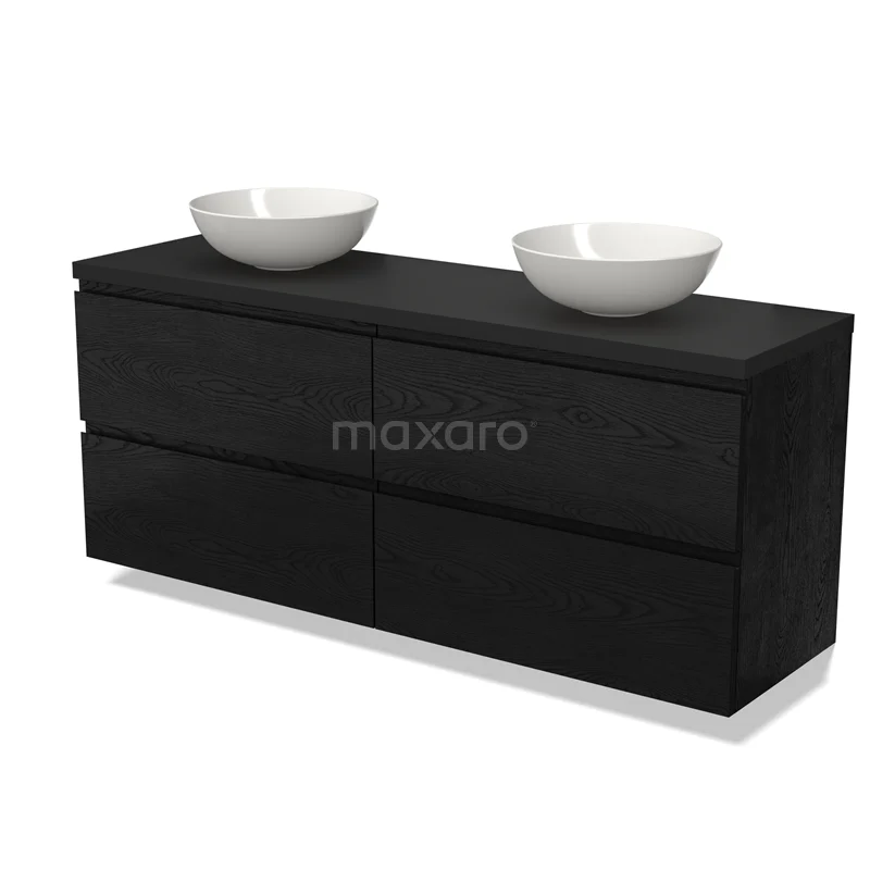 Zwarte badkamermeubelset met dubbele wastafel, minimalistisch design, vier lades, perfect voor moderne badkamers.