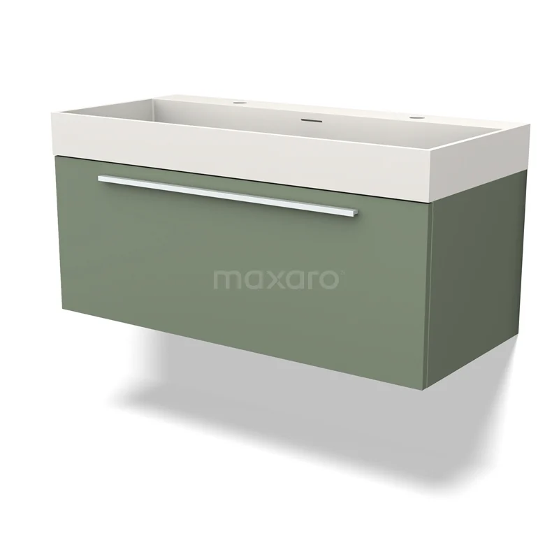 Waschtisch mit Unterschrank BMW11-03988 Grünes Badezimmermöbel mit einem weißen Waschbecken, schlichte Schublade mit silbernem Haltegriff, modernes Design.