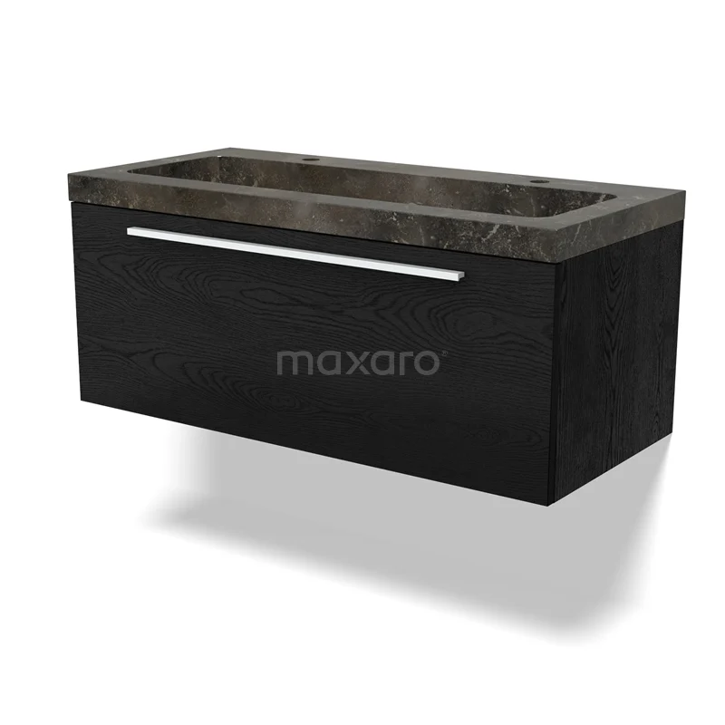 Waschtisch mit Unterschrank BMW11-04143 Schwarzer hängender Badschrank mit integriertem Waschbecken, marmorierter Oberfläche und metallischem Haltegriff für einen modernen Badezimmerstil.