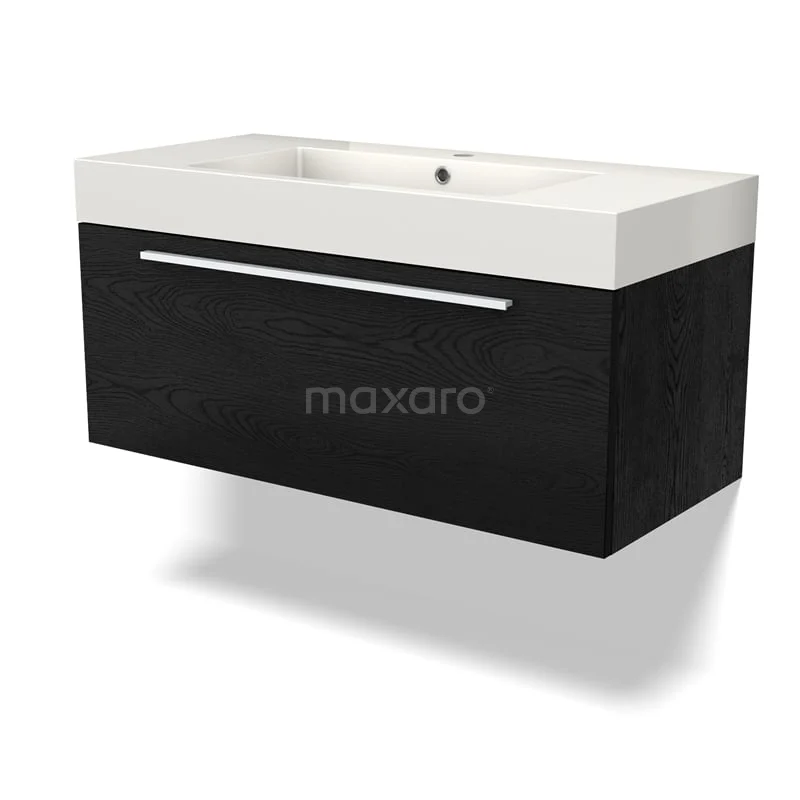 Modulo Bathroom furniture with sink | 100 cm Black oak Flat front Mineral marble 1 drawer BMW11-04151 Black wooden bathroom unit with white ceramic basin, sleek design and integrated storage drawer.