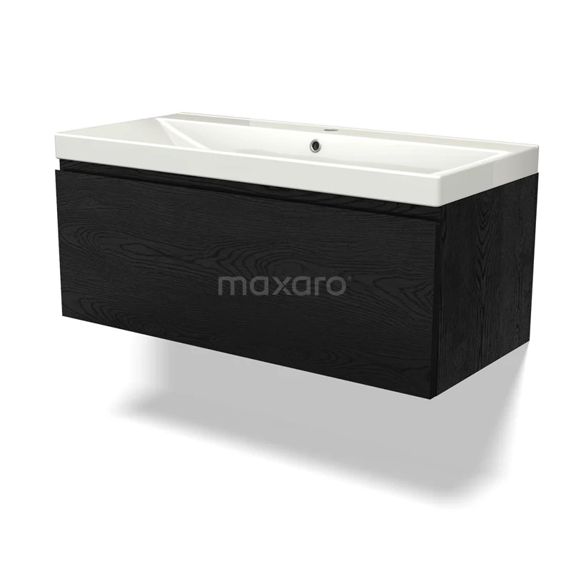 Modulo Waschtische | 100 cm Schwarze Eiche Grifflos front Keramik 1 Schublade BMW11-04168 Schwarzes Badmöbel mit weißem keramischen Waschbecken, rechteckiges Design, modern und klar, ideal für stilvolle Bäder.