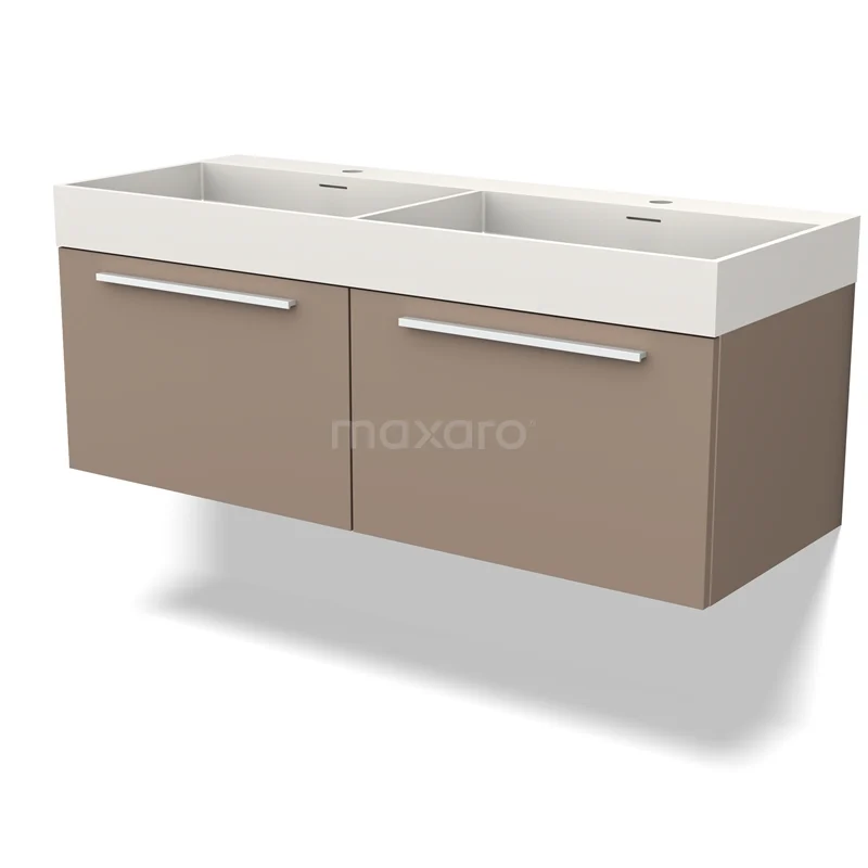 Beige dubbele wastafelmeubel met witte keramische wastafel, zwevend ontwerp en strakke handgrepen, ideaal voor moderne badkamers.