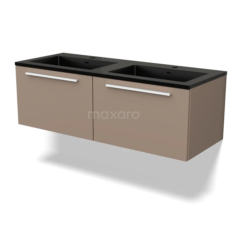 Matbruine zwevende badkamermeubelset met dubbele zwarte wastafel, modern design en strakke metalen handgrepen.