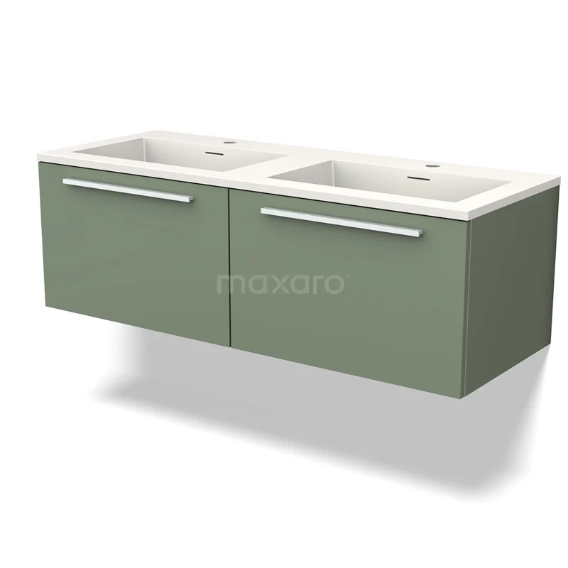 Groene dubbele wastafel met mat afwerking, modern ontwerp en twee geïntegreerde lades, ideaal voor een stijlvolle badkamer.