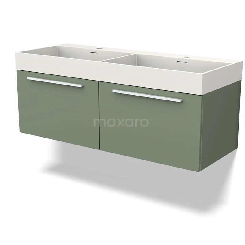 Groene houten badkamermeubel met dubbele wastafel, modern ontwerp, ideaal voor stijlvolle en functionele badkamers.