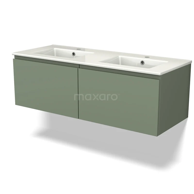 Waschtisch mit Unterschrank BMW12-00908 Grünes Badmöbel mit doppeltem weißen Waschbecken, schlankes Design und schwebendem Modell, ideal für einen modernen Badezimmerstil.