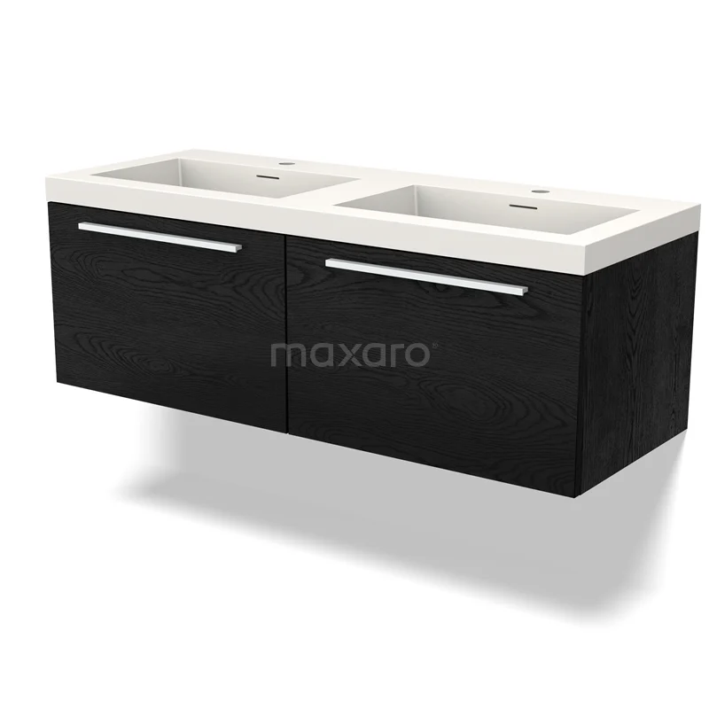 Zwart houten badkamermeubel met dubbele witte wastafel, modern design en twee lades voor extra opbergruimte.