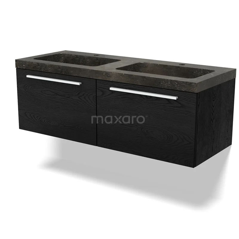 Zwarte dubbel wastafelmeubel met strakke lijnen, modern design en soft-close lades, perfect voor een stijlvolle badkamer.