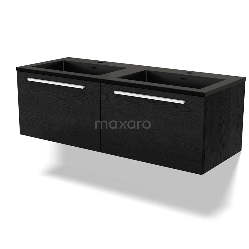 Modulo Waschtische | 120 cm Schwarze Eiche Flach front Quarz 2 nebeneinanderliegende Schubladen BMW12-00933 Schwarzes Badezimmermöbel mit zwei Schubladen und eleganten Chromfarbenen Haltegriffen, ideal für eine moderne Badezimmergestaltung.