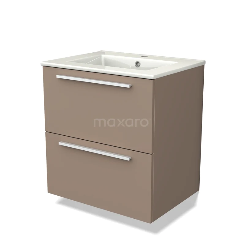 Badkamermeubel taupe met twee lades, modern design, inclusief wit wastafelblad, geschikt voor compacte badkamers.