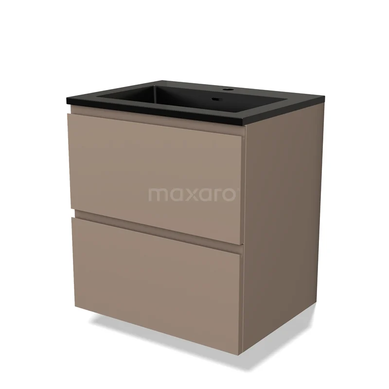 Compacte taupe badkamermeubel met twee lades en zwarte wasbak, strak design en modern geschikt voor kleine badkamers.
