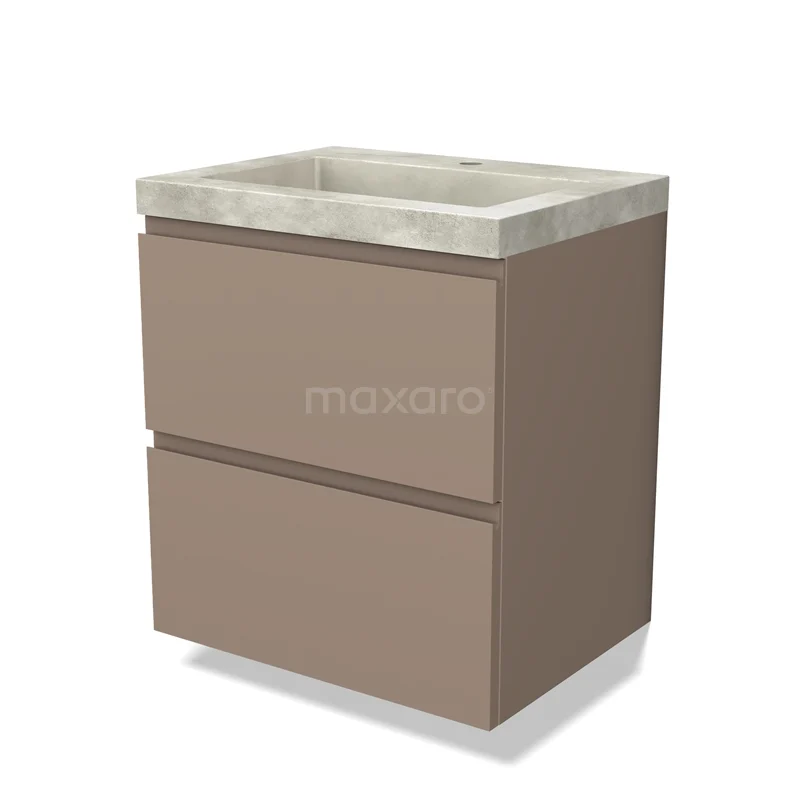 Bruin badkamermeubel met twee lades en betonnen wastafel, strak design en compact formaat.