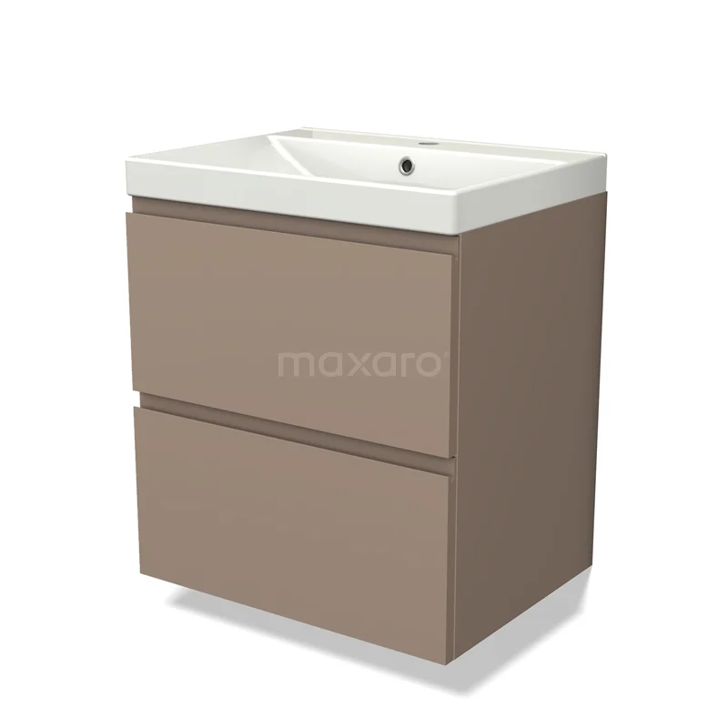 Beige badkamermeubel met twee lades en witte keramische wastafel, strak design voor moderne badkamers.