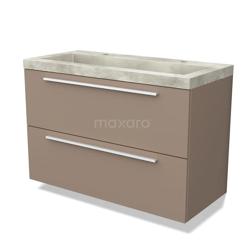Bruine badkamermeubelset met twee lades, strak ontwerp, betonlook wastafelblad en metalen handgrepen.