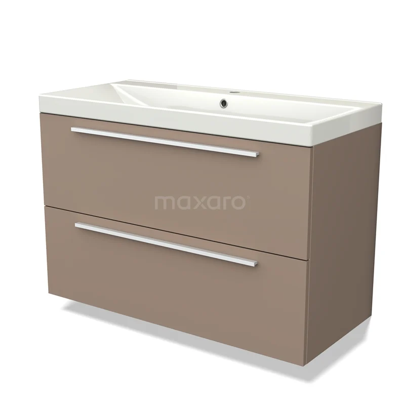 Bruine badkamermeubelset met witte keramische wastafel, twee lades en metalen handgrepen, ideaal voor moderne badkamers.